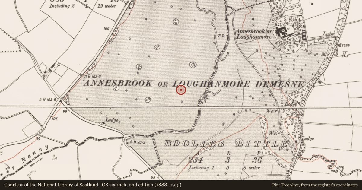 Ordnance Survey six-inch map, 2nd edition (1888–1915) covering the location of Ring-ditch, Deenes, County Meath, with a pin at the register's coordinates