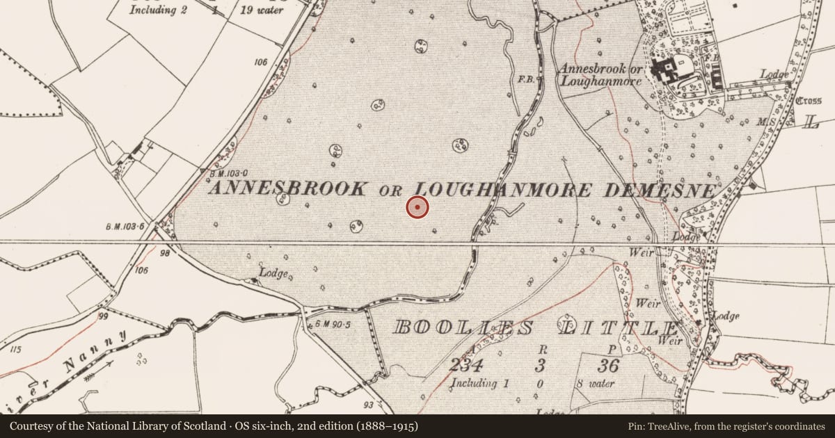Ordnance Survey six-inch map, 2nd edition (1888–1915) covering the location of Ring-ditch, Deenes, County Meath, with a pin at the register's coordinates