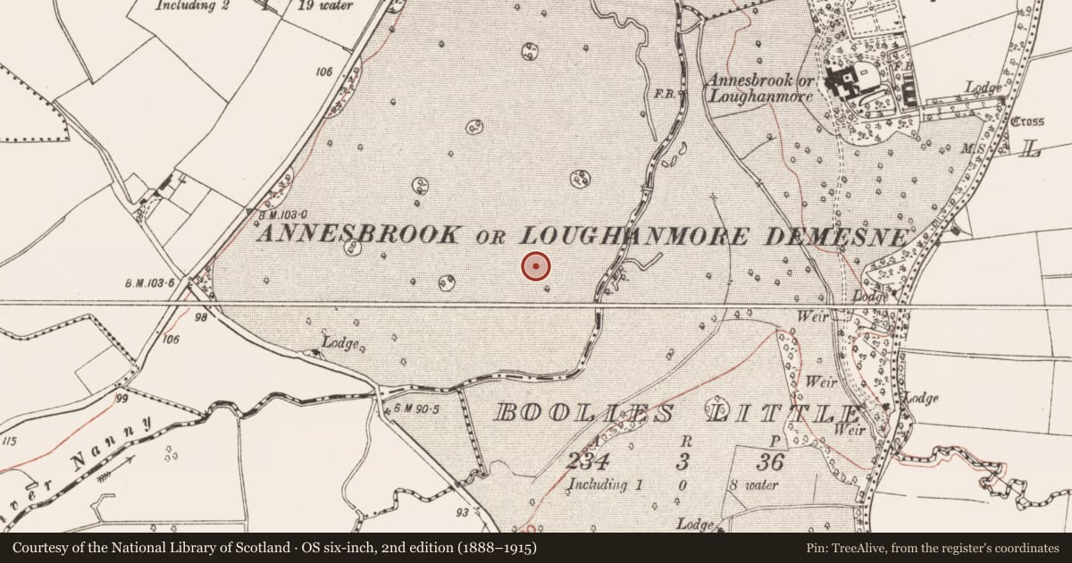Ordnance Survey six-inch map, 2nd edition (1888–1915) covering the location of Ring-ditch, Deenes, County Meath, with a pin at the register's coordinates