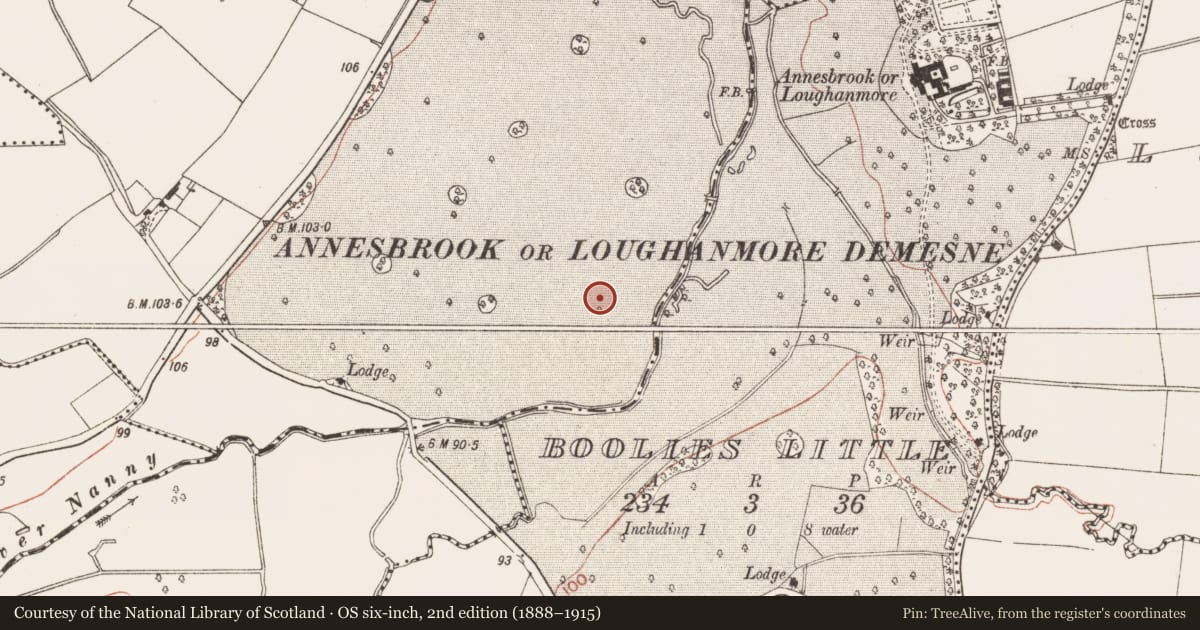 Ordnance Survey six-inch map, 2nd edition (1888–1915) covering the location of Ring-ditch, Deenes, County Meath, with a pin at the register's coordinates
