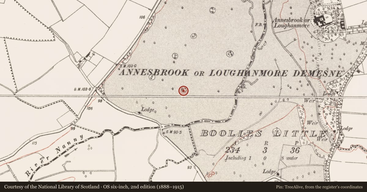 Ordnance Survey six-inch map, 2nd edition (1888–1915) covering the location of Enclosure, Deenes, County Meath, with a pin at the register's coordinates