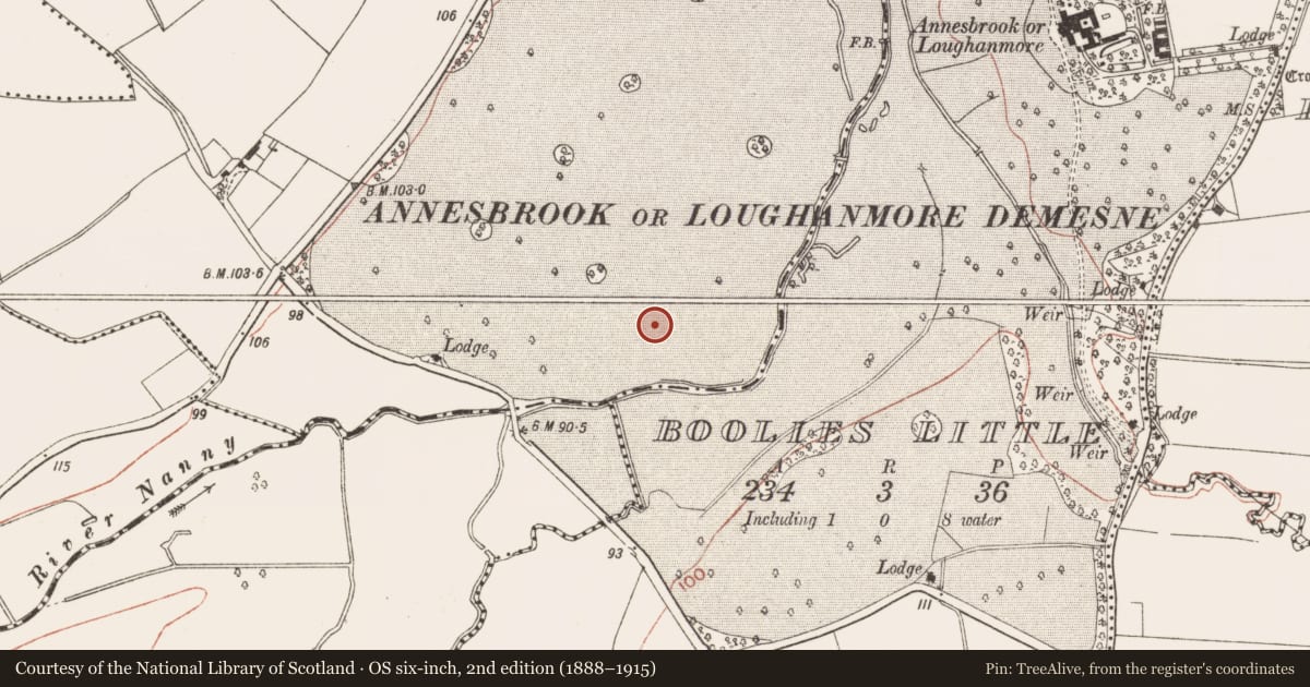 Ordnance Survey six-inch map, 2nd edition (1888–1915) covering the location of Ring-ditch, Deenes, County Meath, with a pin at the register's coordinates