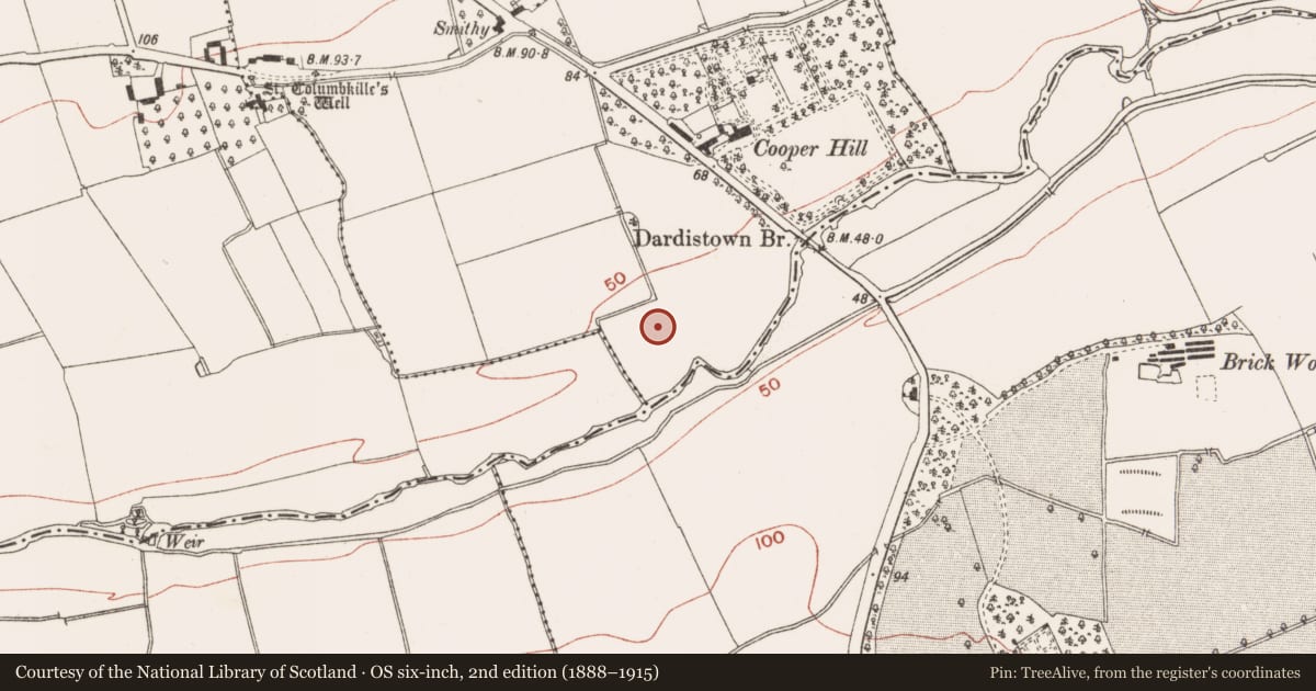 Ordnance Survey six-inch map, 2nd edition (1888–1915) covering the location of Enclosure, Calliaghstown, County Meath, with a pin at the register's coordinates