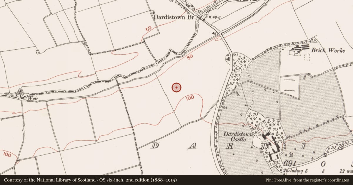 Ordnance Survey six-inch map, 2nd edition (1888–1915) covering the location of Field system, Dardistown, County Meath, with a pin at the register's coordinates