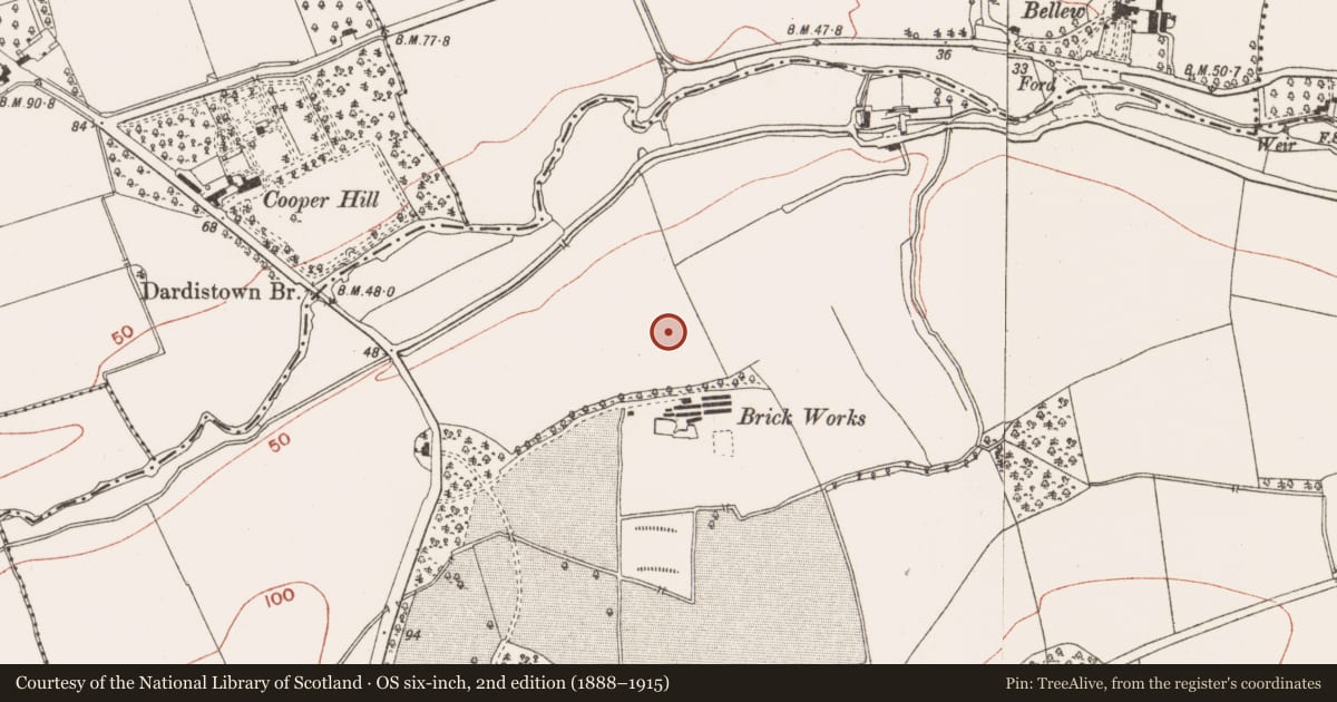 Ordnance Survey six-inch map, 2nd edition (1888–1915) covering the location of Ring-ditch, Dardistown, County Meath, with a pin at the register's coordinates