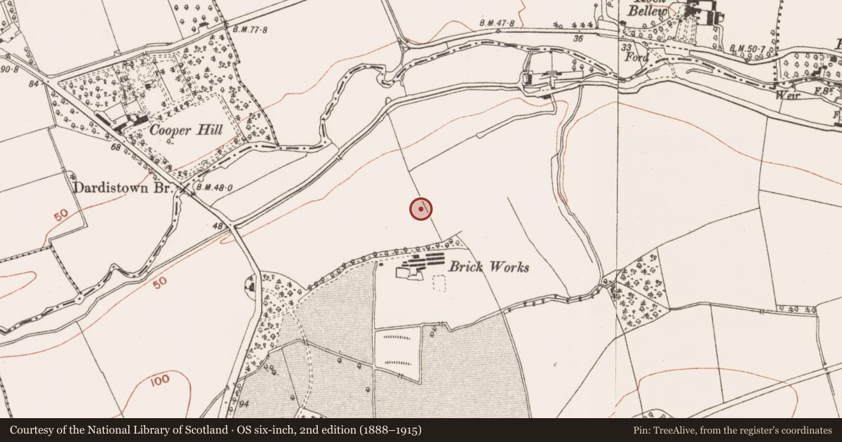 Ordnance Survey six-inch map, 2nd edition (1888–1915) covering the location of Ring-ditch, Dardistown, County Meath, with a pin at the register's coordinates
