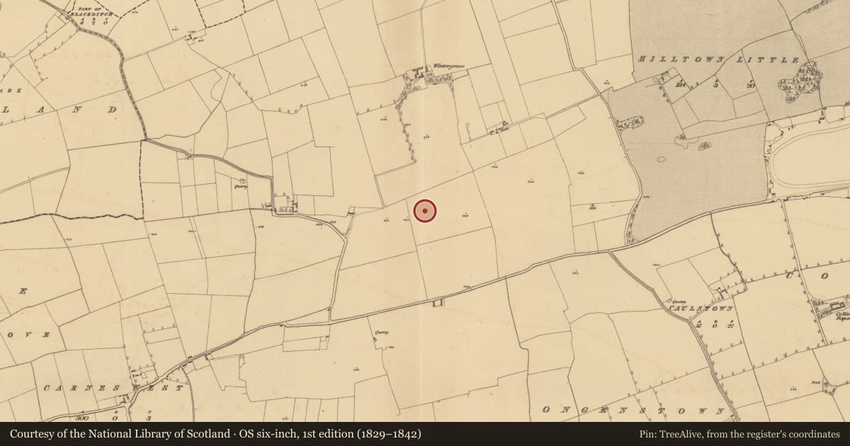 Ordnance Survey six-inch map, 1st edition (1829–1842) covering the location of Ring-ditch, Bellewstown, County Meath, with a pin at the register's coordinates