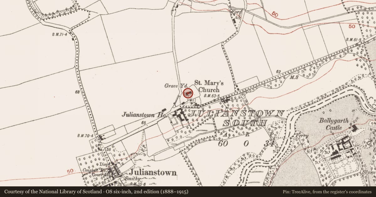 Ordnance Survey six-inch map, 2nd edition (1888–1915) covering the location of Church, Julianstown West, County Meath, with a pin at the register's coordinates