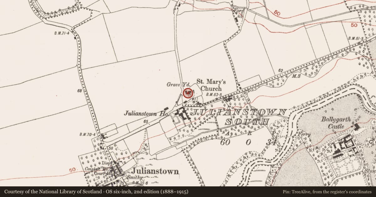 Ordnance Survey six-inch map, 2nd edition (1888–1915) covering the location of Font, Julianstown West, County Meath, with a pin at the register's coordinates