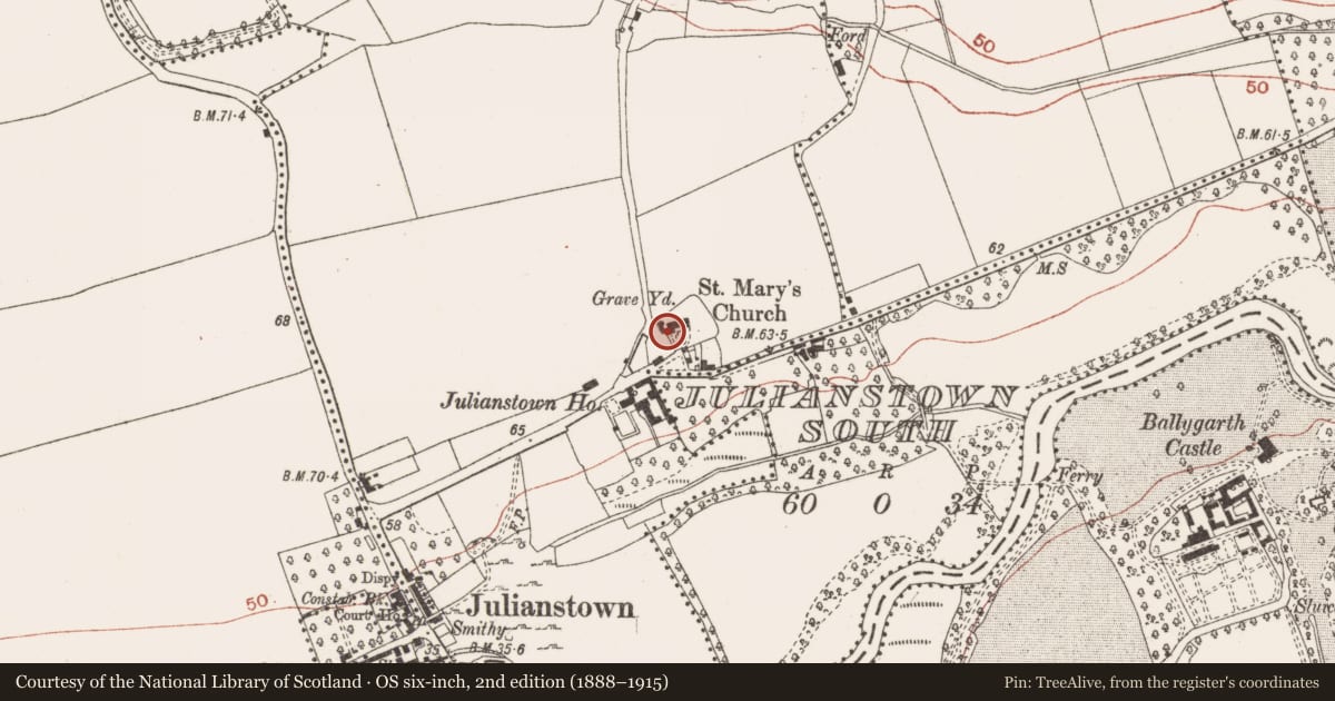 Ordnance Survey six-inch map, 2nd edition (1888–1915) covering the location of Cross - High cross (present location), Julianstown West, County Meath, with a pin at the register's coordinates