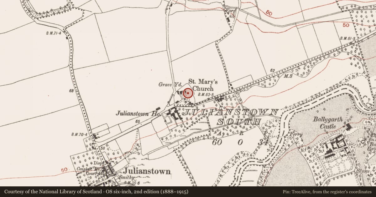 Ordnance Survey six-inch map, 2nd edition (1888–1915) covering the location of Graveyard, Julianstown West, County Meath, with a pin at the register's coordinates