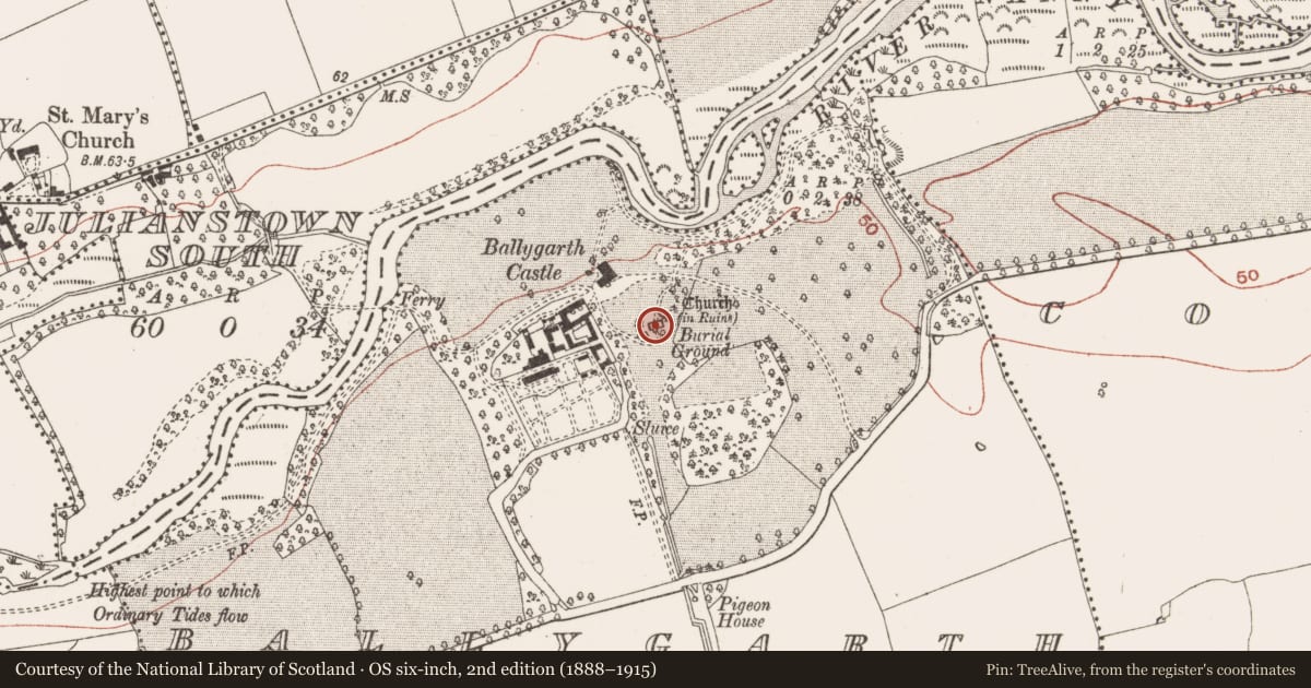 Ordnance Survey six-inch map, 2nd edition (1888–1915) covering the location of Graveyard, Ballygarth, County Meath, with a pin at the register's coordinates