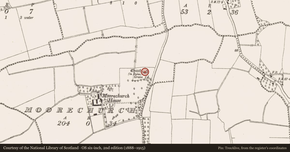 Ordnance Survey six-inch map, 2nd edition (1888–1915) covering the location of Church, Moorechurch, County Meath, with a pin at the register's coordinates
