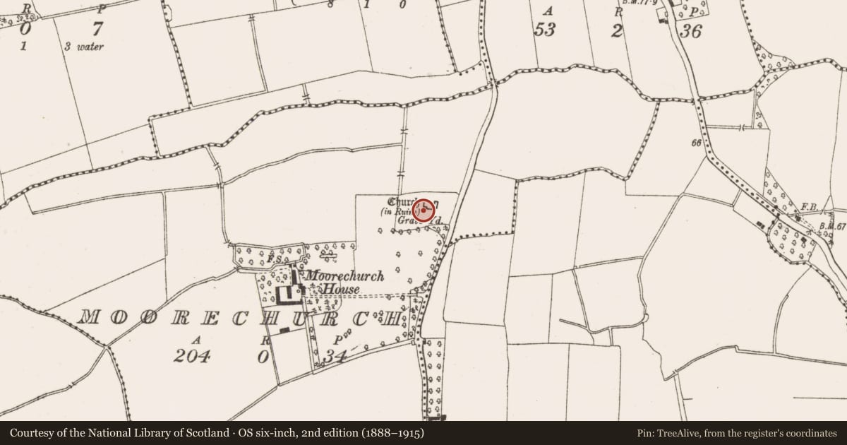 Ordnance Survey six-inch map, 2nd edition (1888–1915) covering the location of Graveyard, Moorechurch, County Meath, with a pin at the register's coordinates