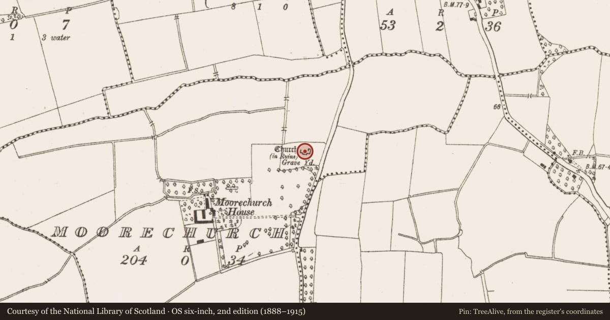Ordnance Survey six-inch map, 2nd edition (1888–1915) covering the location of Wall monument, Moorechurch, County Meath, with a pin at the register's coordinates