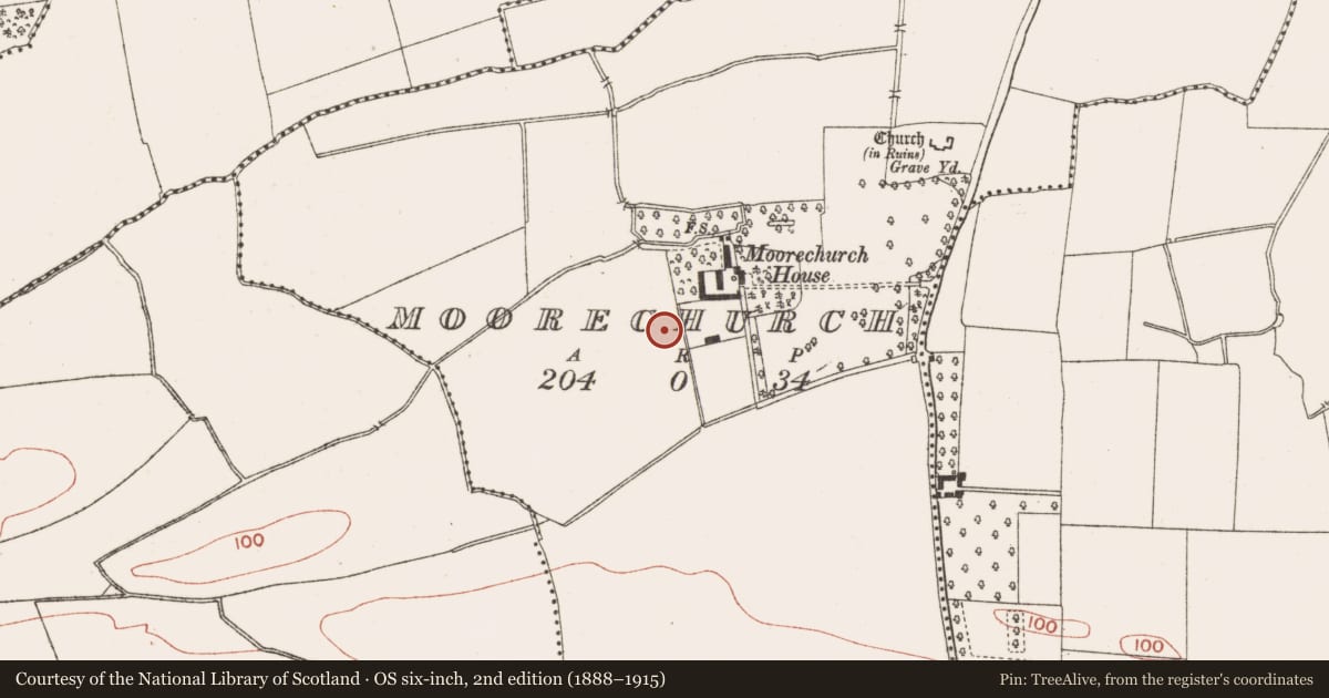 Ordnance Survey six-inch map, 2nd edition (1888–1915) covering the location of Ring-ditch, Moorechurch, County Meath, with a pin at the register's coordinates