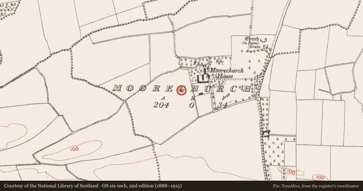 Ordnance Survey six-inch map, 2nd edition (1888–1915) covering the location of Ring-ditch, Moorechurch, County Meath, with a pin at the register's coordinates