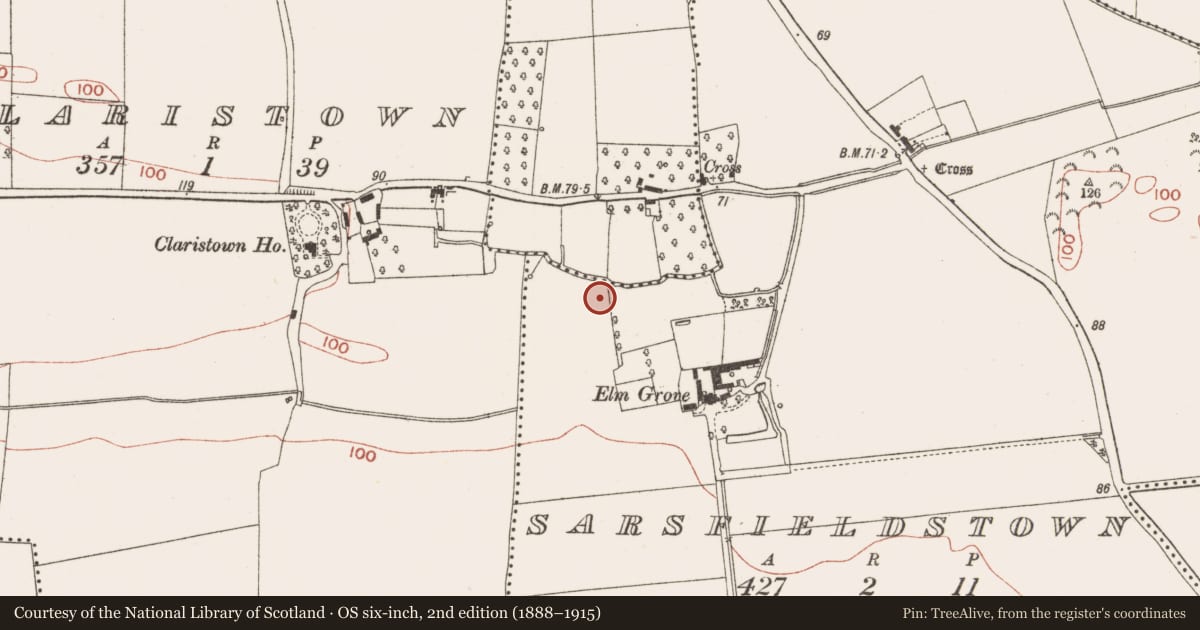 Ordnance Survey six-inch map, 2nd edition (1888–1915) covering the location of Burial, Sarsfieldstown, County Meath, with a pin at the register's coordinates
