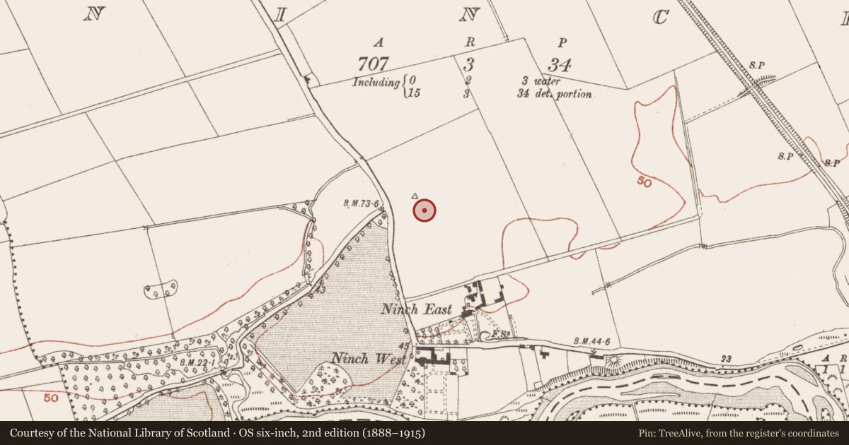 Ordnance Survey six-inch map, 2nd edition (1888–1915) covering the location of Enclosure, Ninch, County Meath, with a pin at the register's coordinates
