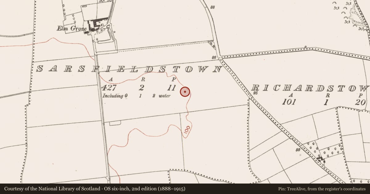 Ordnance Survey six-inch map, 2nd edition (1888–1915) covering the location of Enclosure, Sarsfieldstown, County Meath, with a pin at the register's coordinates