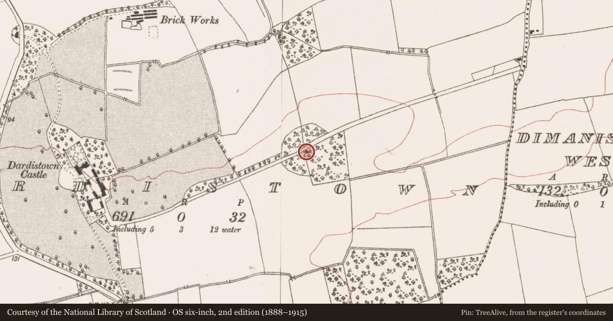 Ordnance Survey six-inch map, 2nd edition (1888–1915) covering the location of Enclosure, Dardistown, County Meath, with a pin at the register's coordinates