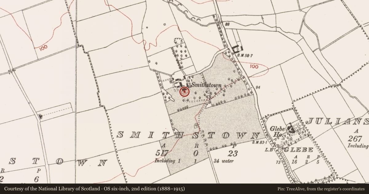 Ordnance Survey six-inch map, 2nd edition (1888–1915) covering the location of Armorial plaque, Smithstown, County Meath, with a pin at the register's coordinates