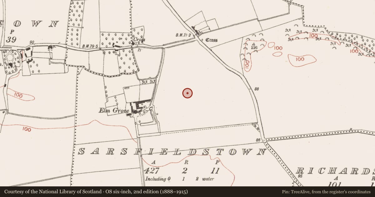 Ordnance Survey six-inch map, 2nd edition (1888–1915) covering the location of Ring-ditch, Sarsfieldstown, County Meath, with a pin at the register's coordinates