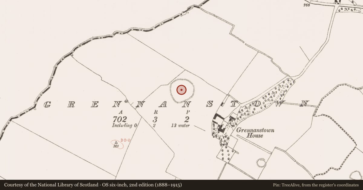 Ordnance Survey six-inch map, 2nd edition (1888–1915) covering the location of Enclosure - large enclosure, Grennanstown, County Meath, with a pin at the register's coordinates