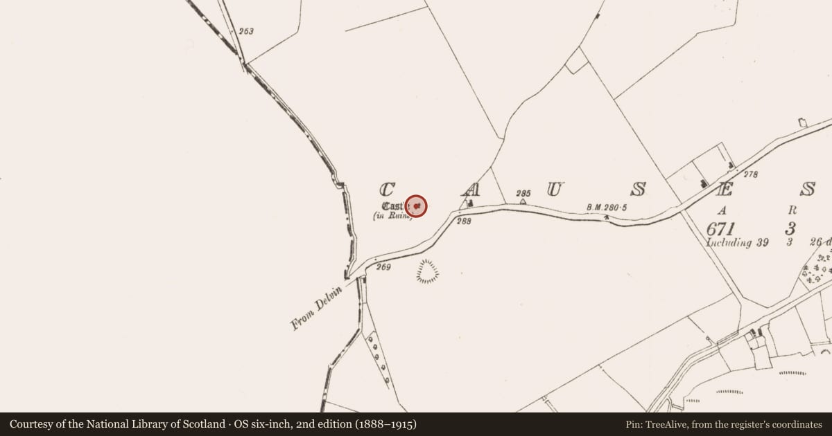 Ordnance Survey six-inch map, 2nd edition (1888–1915) covering the location of Castle - tower house, Causestown, County Meath, with a pin at the register's coordinates