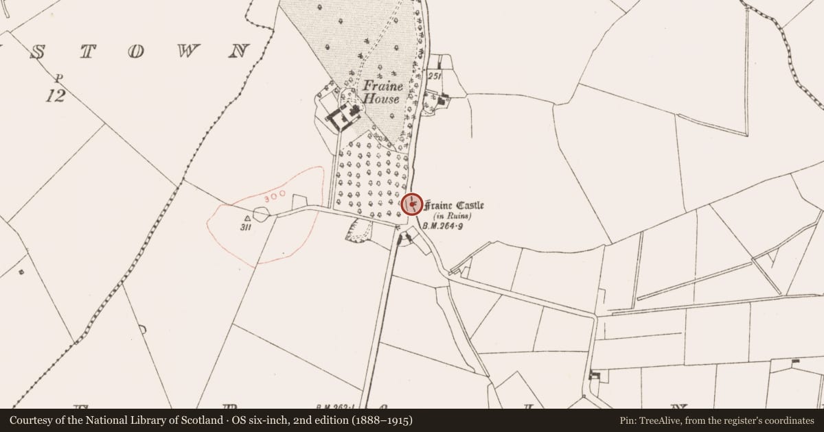 Ordnance Survey six-inch map, 2nd edition (1888–1915) covering the location of Castle - tower house, Fraine, County Meath, with a pin at the register's coordinates