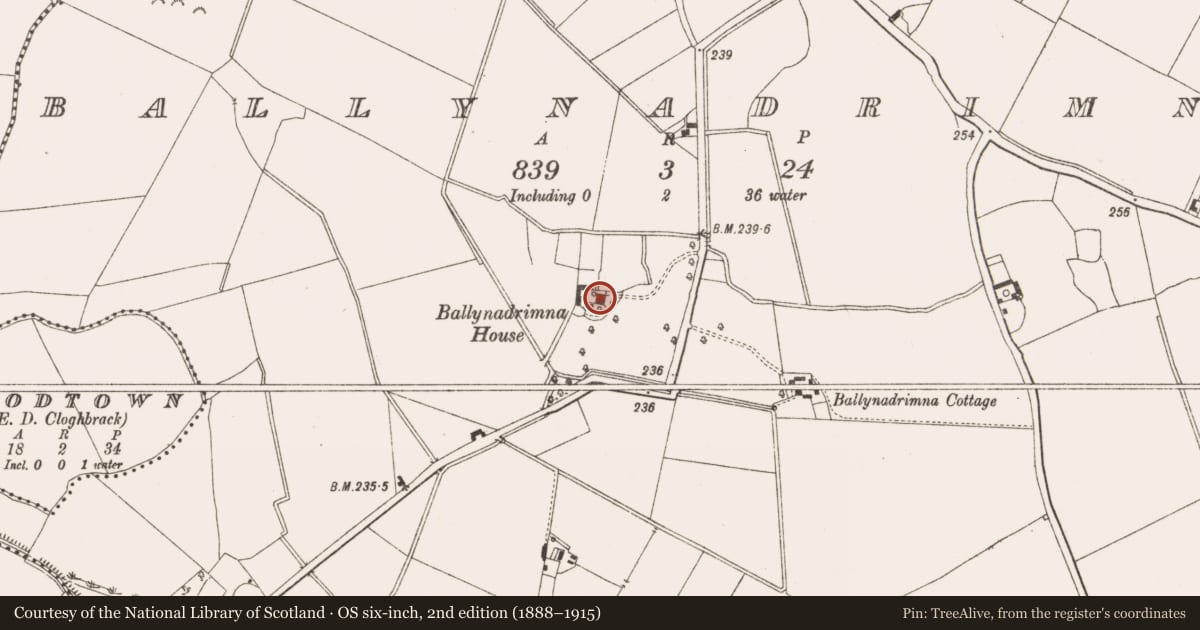 Ordnance Survey six-inch map, 2nd edition (1888–1915) covering the location of Castle - tower house, Ballynadrimna, County Meath, with a pin at the register's coordinates