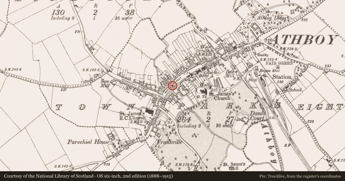 Ordnance Survey six-inch map, 2nd edition (1888–1915) covering the location of Historic town, County Meath, with a pin at the register's coordinates