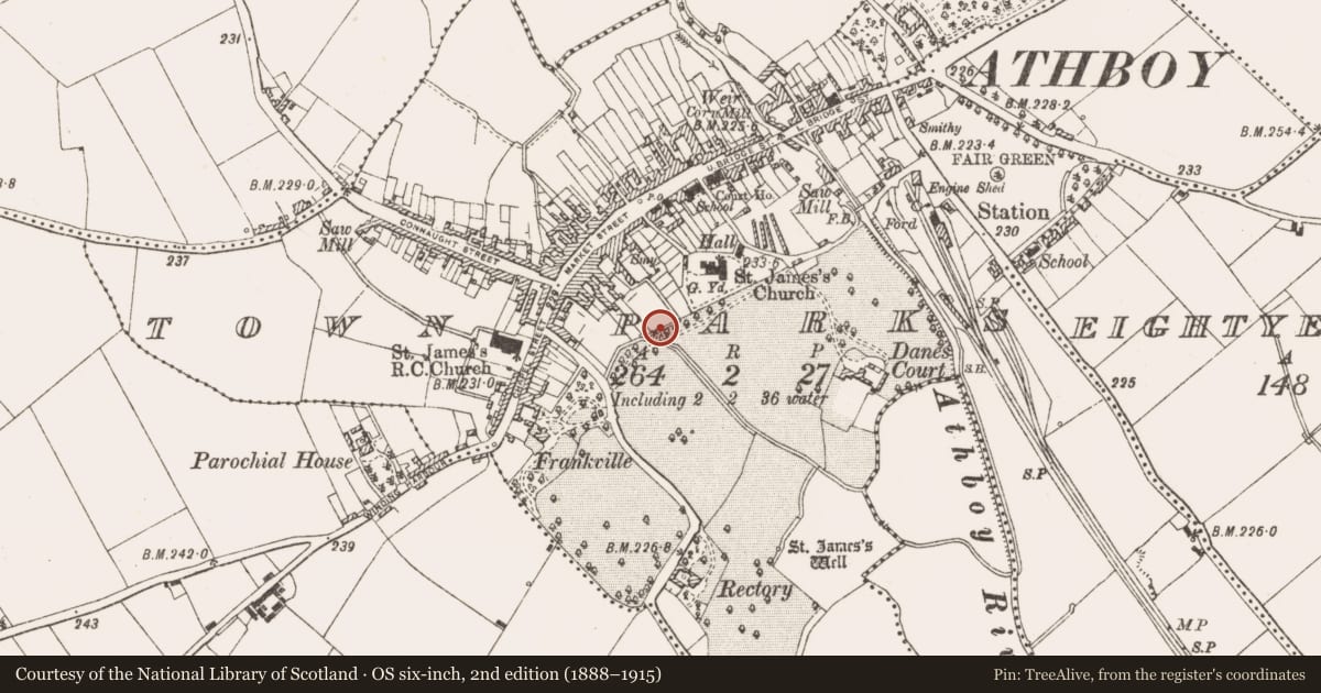 Ordnance Survey six-inch map, 2nd edition (1888–1915) covering the location of Town defences, Town Parks, County Meath, with a pin at the register's coordinates