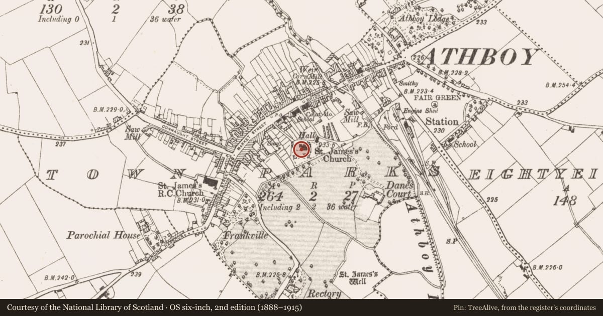 Ordnance Survey six-inch map, 2nd edition (1888–1915) covering the location of Church, Town Parks, County Meath, with a pin at the register's coordinates