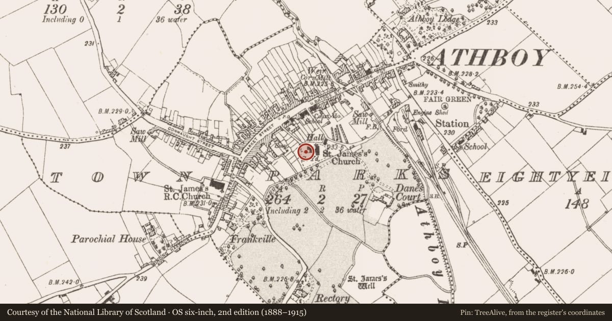 Ordnance Survey six-inch map, 2nd edition (1888–1915) covering the location of Tomb - effigial, Town Parks, County Meath, with a pin at the register's coordinates