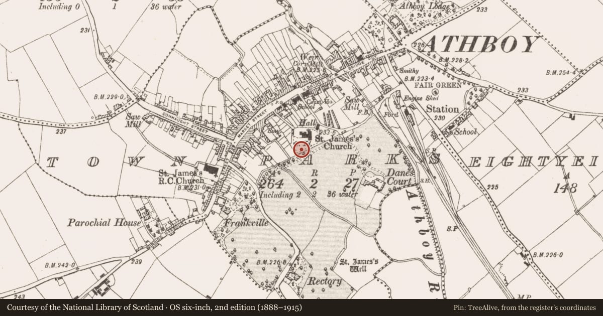 Ordnance Survey six-inch map, 2nd edition (1888–1915) covering the location of Graveslab, Town Parks, County Meath, with a pin at the register's coordinates