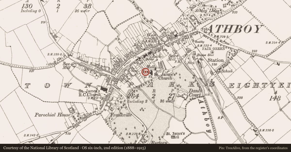 Ordnance Survey six-inch map, 2nd edition (1888–1915) covering the location of Stone head, Town Parks, County Meath, with a pin at the register's coordinates
