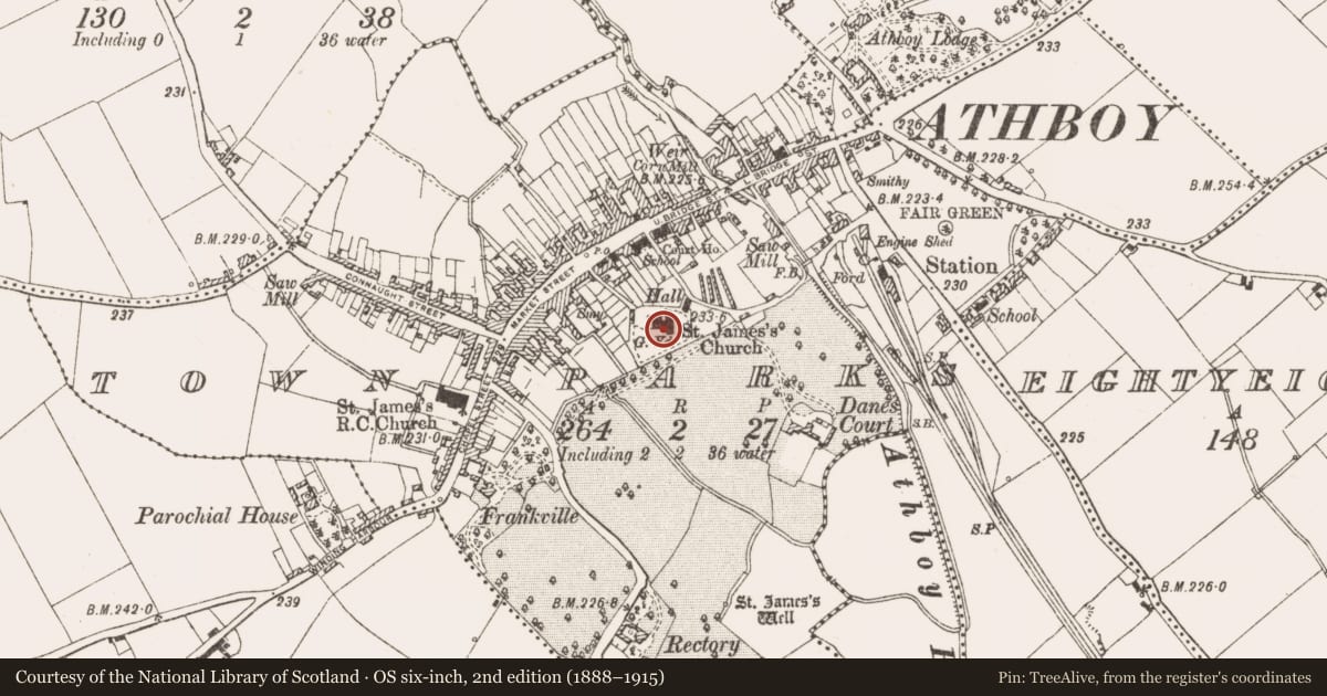Ordnance Survey six-inch map, 2nd edition (1888–1915) covering the location of Font, Town Parks, County Meath, with a pin at the register's coordinates