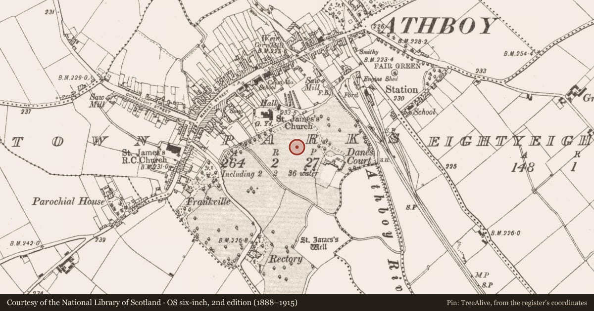 Ordnance Survey six-inch map, 2nd edition (1888–1915) covering the location of Field system, Town Parks, County Meath, with a pin at the register's coordinates