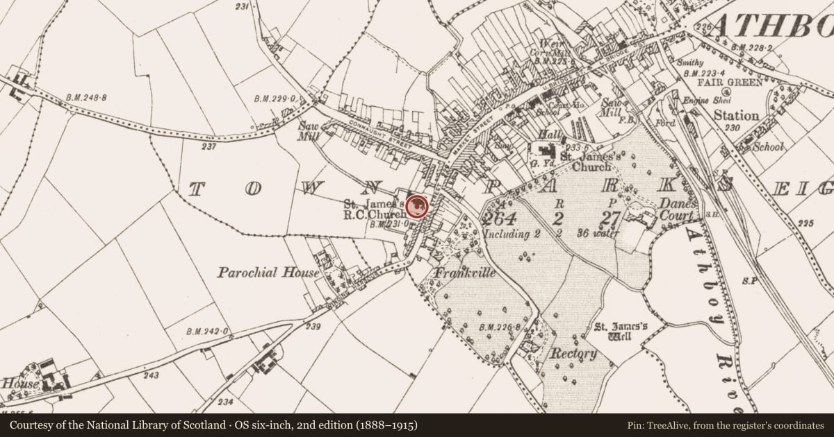 Ordnance Survey six-inch map, 2nd edition (1888–1915) covering the location of Stone sculpture, Town Parks, County Meath, with a pin at the register's coordinates