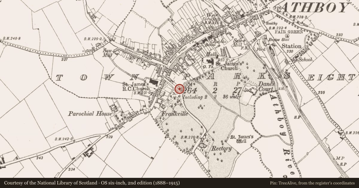 Ordnance Survey six-inch map, 2nd edition (1888–1915) covering the location of Building, Town Parks, County Meath, with a pin at the register's coordinates