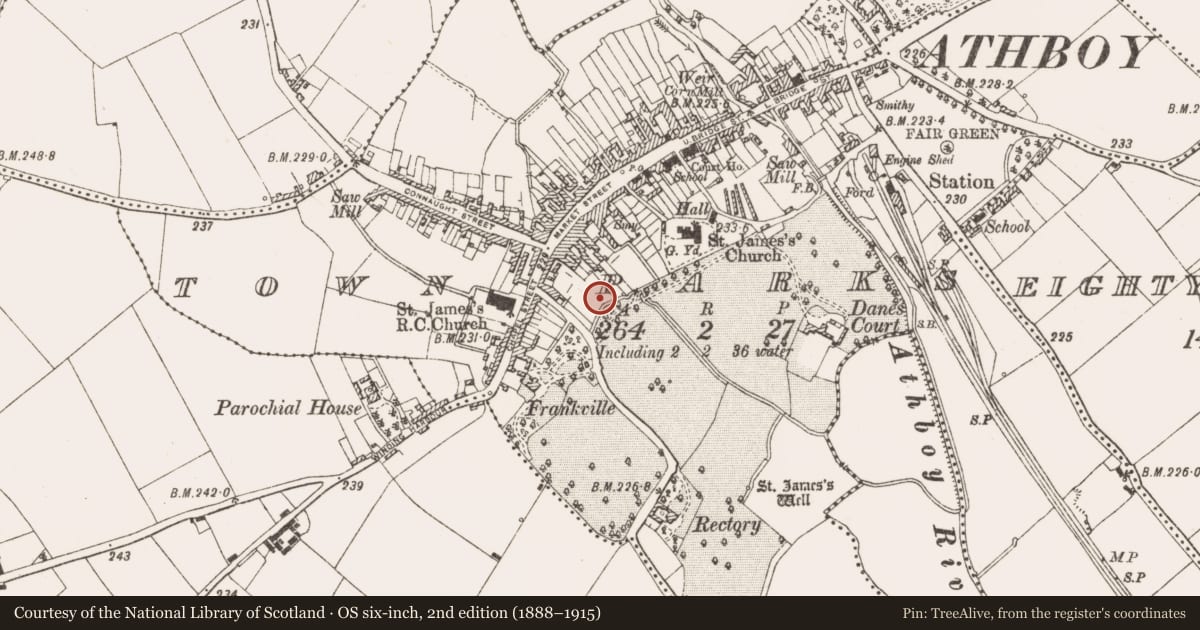 Ordnance Survey six-inch map, 2nd edition (1888–1915) covering the location of Excavation - miscellaneous, Town Parks, County Meath, with a pin at the register's coordinates