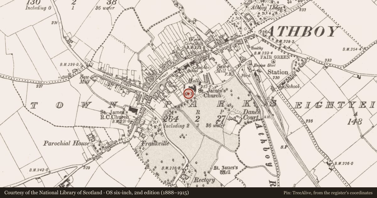 Ordnance Survey six-inch map, 2nd edition (1888–1915) covering the location of Graveyard, Town Parks, County Meath, with a pin at the register's coordinates