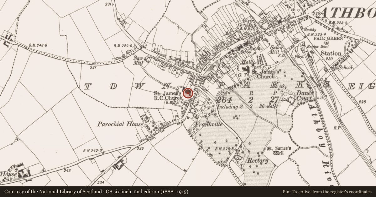 Ordnance Survey six-inch map, 2nd edition (1888–1915) covering the location of Stone sculpture, Town Parks, County Meath, with a pin at the register's coordinates