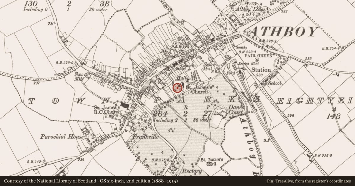 Ordnance Survey six-inch map, 2nd edition (1888–1915) covering the location of Tomb - chest tomb, Town Parks, County Meath, with a pin at the register's coordinates
