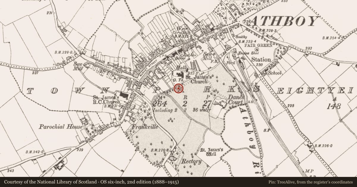 Ordnance Survey six-inch map, 2nd edition (1888–1915) covering the location of Road - road/trackway, Town Parks, County Meath, with a pin at the register's coordinates