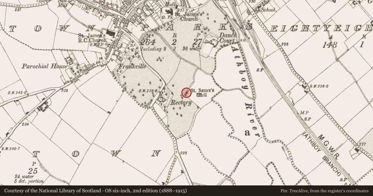 Ordnance Survey six-inch map, 2nd edition (1888–1915) covering the location of Ritual site - holy well, Town Parks, County Meath, with a pin at the register's coordinates