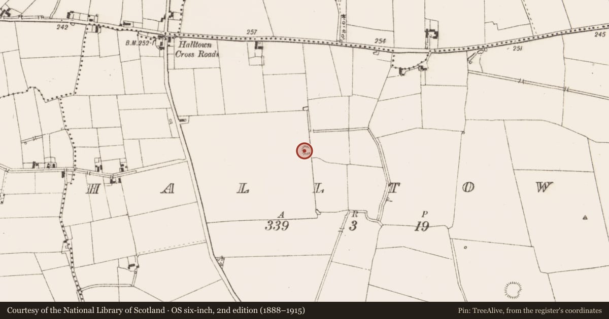 Ordnance Survey six-inch map, 2nd edition (1888–1915) covering the location of Earthwork, Halltown, County Meath, with a pin at the register's coordinates