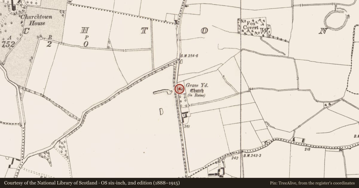 Ordnance Survey six-inch map, 2nd edition (1888–1915) covering the location of Church, Churchtown, County Meath, with a pin at the register's coordinates
