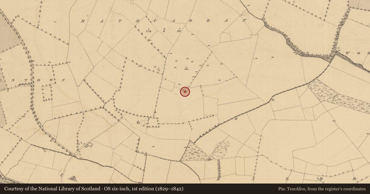 Ordnance Survey six-inch map, 1st edition (1829–1842) covering the location of Ringfort - rath, Ráth Chairn, County Meath, with a pin at the register's coordinates